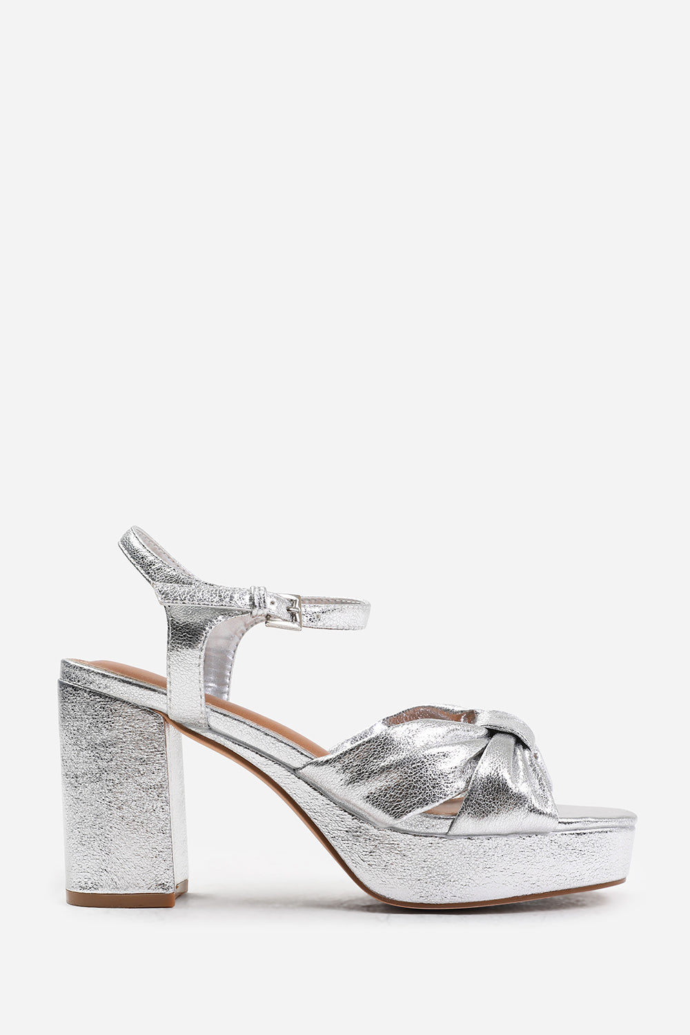 TALIA MID BLOCK HEEL WITH PLAFTORM AND BOW DETAILING IN SILVER FAUX LEATHER