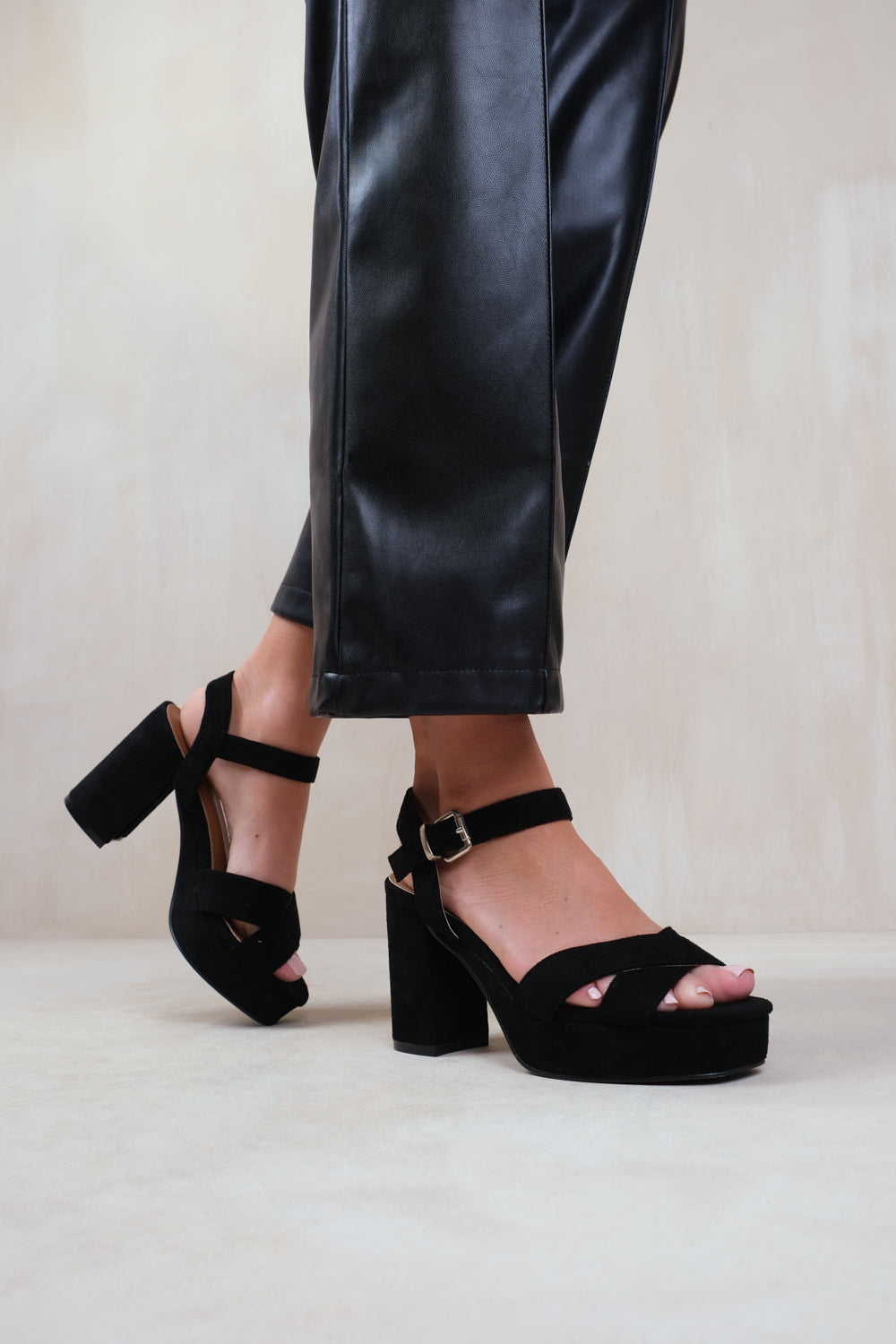 MARCIA STATEMENT PLATFORM STRAPPY BLOCK HIGH HEELS IN BLACK SUEDE