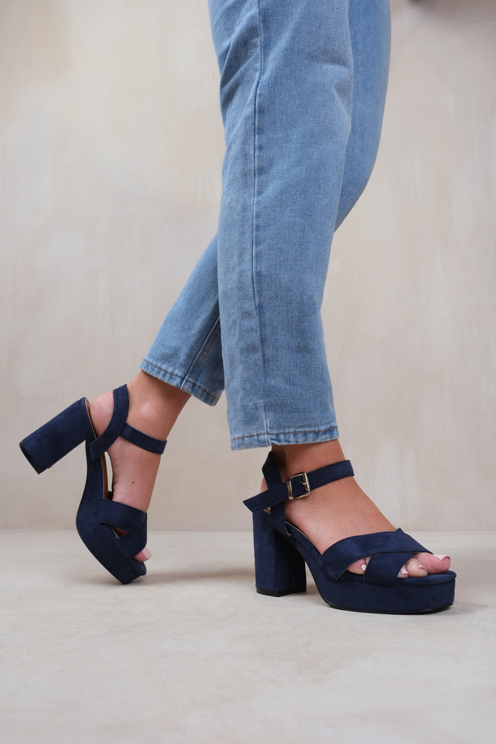 MARCIA STATEMENT PLATFORM STRAPPY BLOCK HIGH HEELS IN NAVY SUEDE