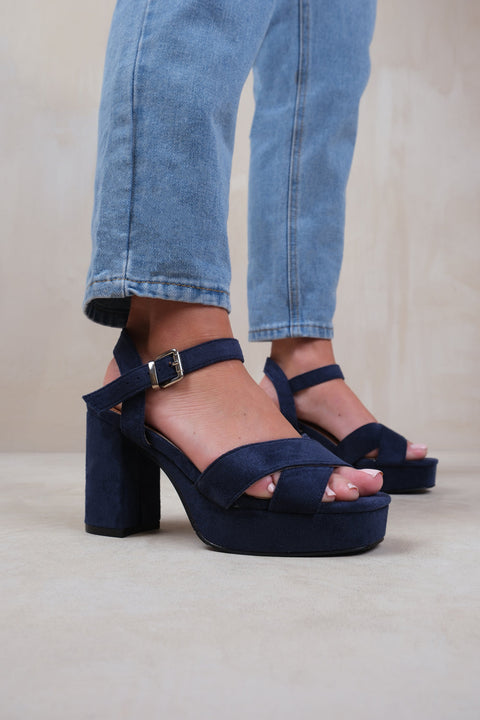 MARCIA WIDE FIT STATEMENT PLATFORM STRAPPY BLOCK HIGH HEELS SHOES IN NAVY SUEDE