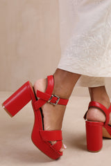 MARCIA STATEMENT PLATFORM STRAPPY BLOCK HIGH HEELS IN RED FAUX LEATHER