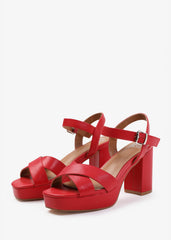 MARCIA STATEMENT PLATFORM STRAPPY BLOCK HIGH HEELS IN RED FAUX LEATHER