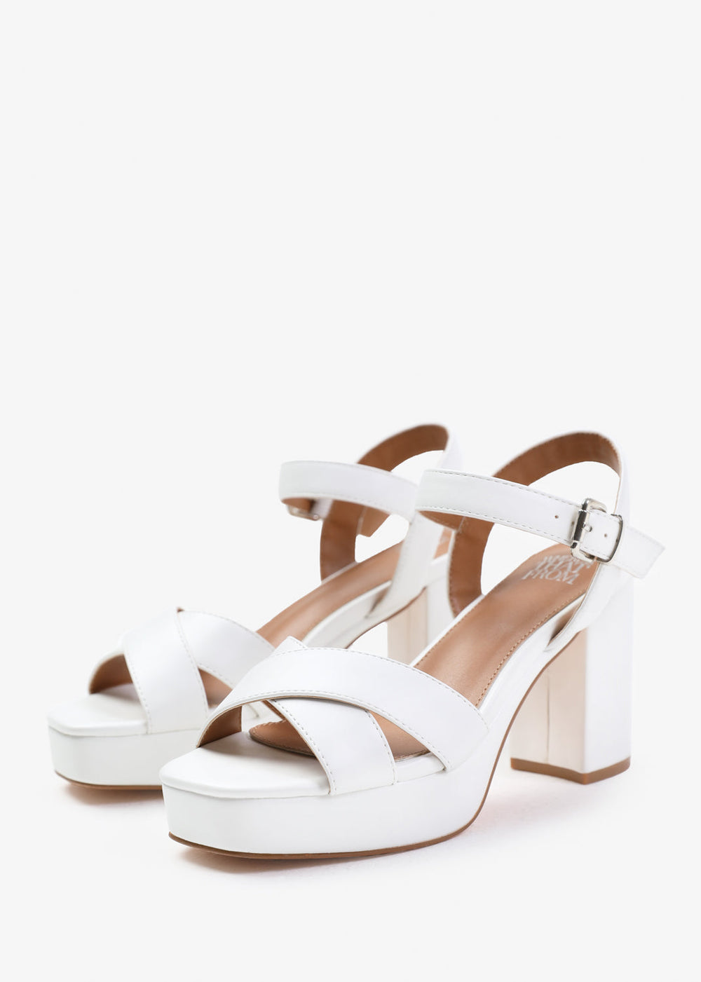 MARCIA WIDE FIT STATEMENT PLATFORM STRAPPY BLOCK HIGH HEELS IN WHITE FAUX LEATHER