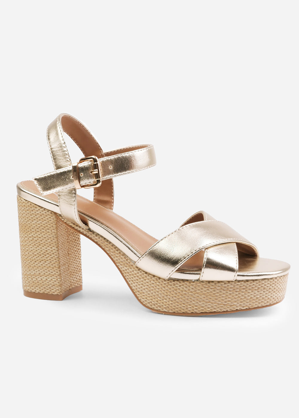 VOLUME  PLATFORM BLOCK HIGH HEELS WITH CROSS OVER STRAPS IN GOLD METALLIC