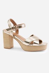 VOLUME WIDE FIT PLATFORM  BLOCK HIGH HEELS WITH CROSS OVER STRAPS IN GOLD METALLIC