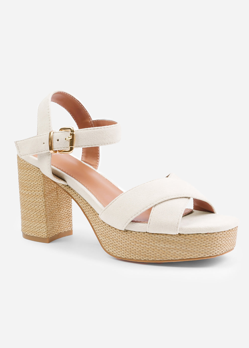 VOLUME PLATFORM BLOCK HIGH HEELS WITH CROSS OVER STRAPS IN LIGHT CREAM SUEDE