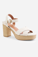 VOLUME WIDE FIT BLOCK HIGH HEELS WITH CROSS OVER STRAPS IN LIGHT CREAM SUEDE