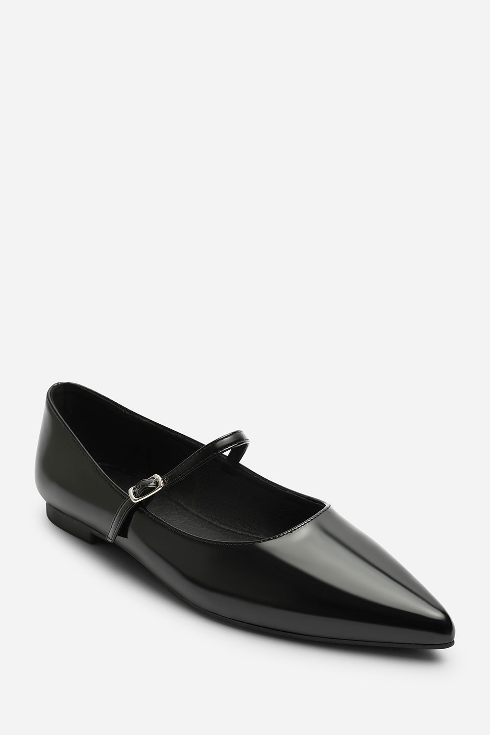 Novalee Pointed Toe Mary Jane Front Strap Ballet Flats in Black Patent
