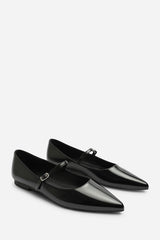 Novalee Pointed Toe Mary Jane Front Strap Ballet Flats in Black Patent