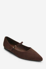 Novalee Wide Fit Pointed Toe Mary Jane Front Strap Ballet Flats In Brown Suede