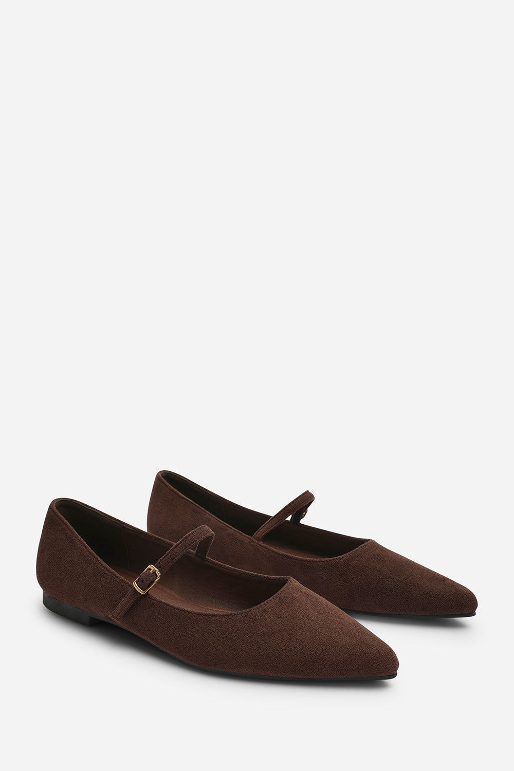 Novalee Wide Fit Pointed Toe Mary Jane Front Strap Ballet Flats In Brown Suede