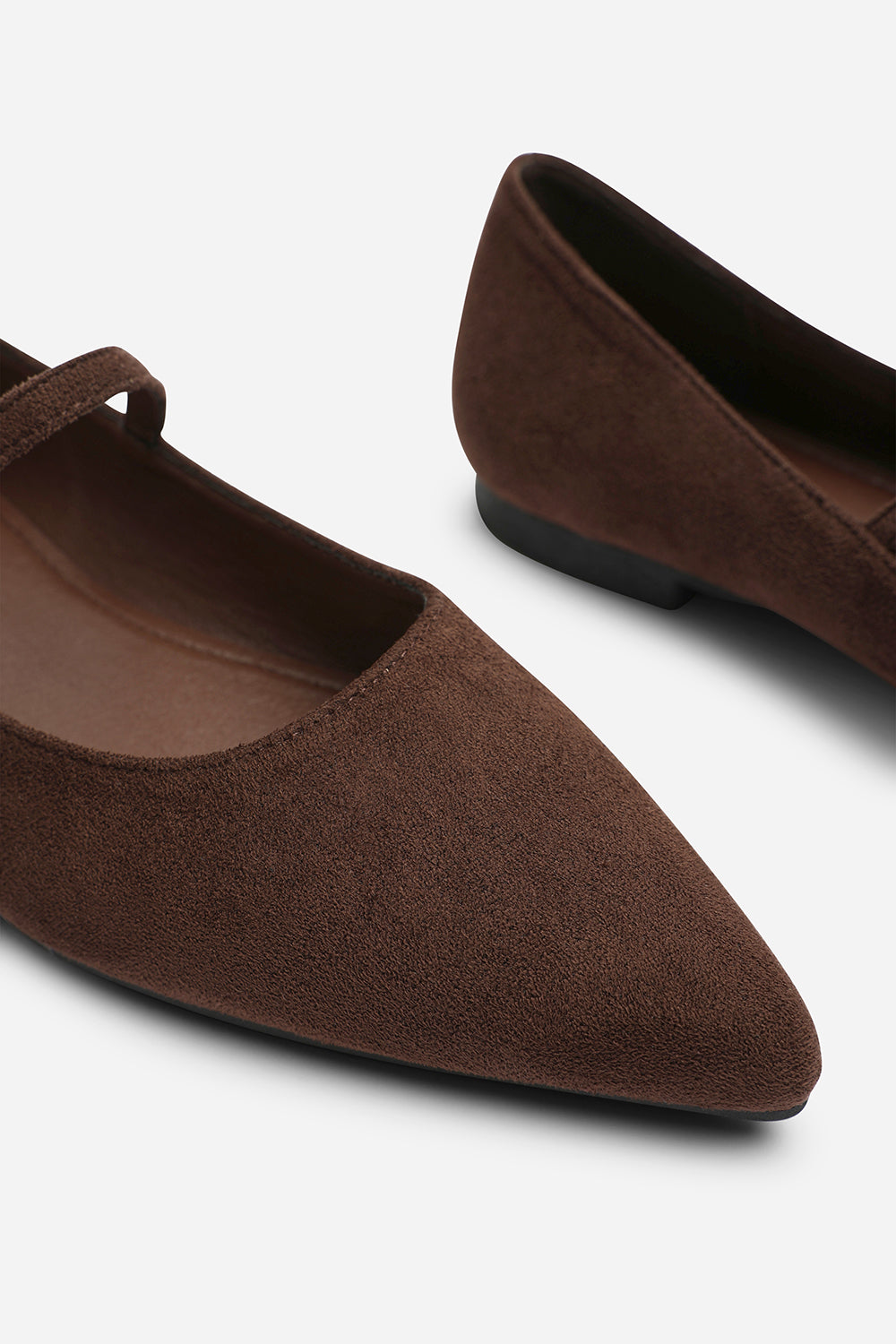 Novalee Pointed Toe Mary Jane Front Strap Ballet Flats in Brown Suede