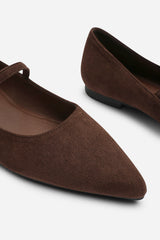 Novalee Pointed Toe Mary Jane Front Strap Ballet Flats in Brown Suede