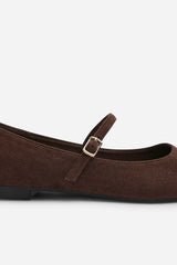 Novalee Wide Fit Pointed Toe Mary Jane Front Strap Ballet Flats In Brown Suede