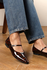 Novalee Wide Fit Pointed Toe Mary Jane Front Strap Ballet Flats in Tortoise Patent