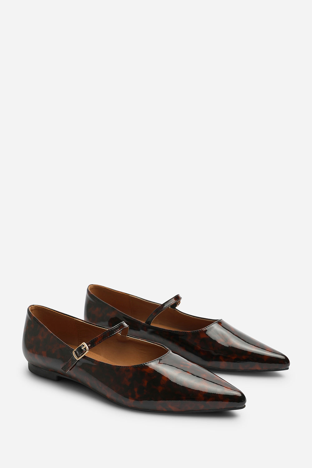 Novalee Pointed Toe Mary Jane Front Strap Ballet Flats in Tortoise Patent