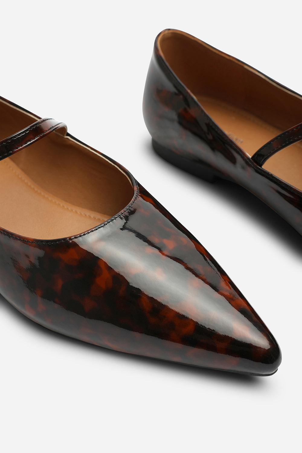 Novalee Pointed Toe Mary Jane Front Strap Ballet Flats in Tortoise Patent
