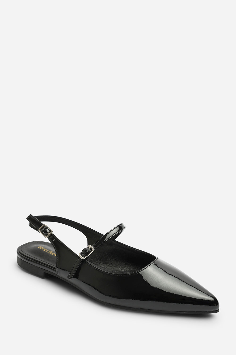 Estrella Pointed Toe Mary Jane Open Back Ballet Flats In Black Patent
