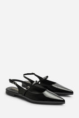 Estrella Wide Fit Pointed Toe Mary Jane Open Back Ballet Flats In Black Patent