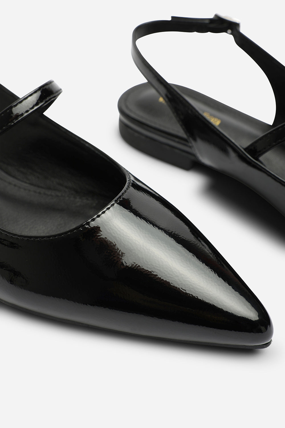 Estrella Wide Fit Pointed Toe Mary Jane Open Back Ballet Flats In Black Patent