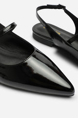 Estrella Wide Fit Pointed Toe Mary Jane Open Back Ballet Flats In Black Patent