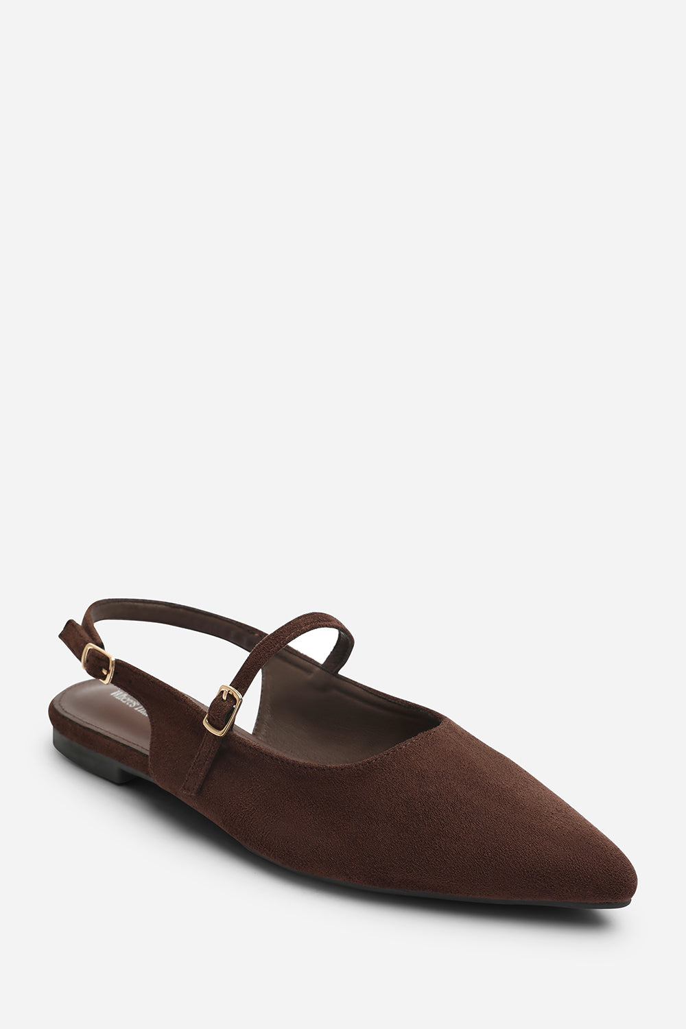 Estrella Pointed Toe Mary Jane Open Back Ballet Flats In Brown Suede