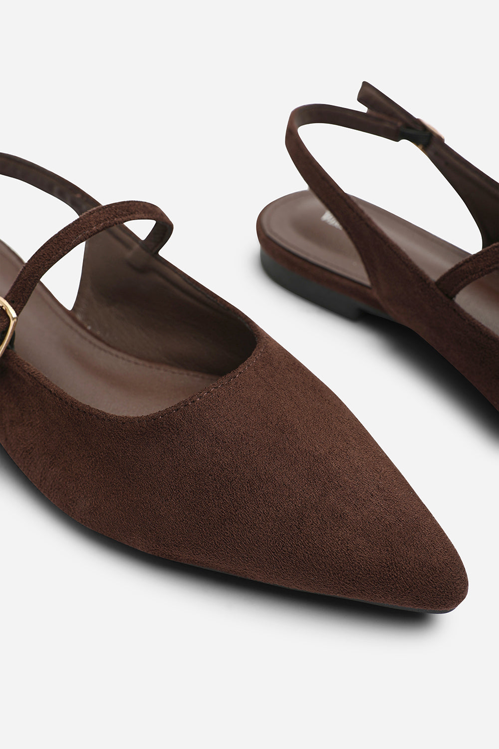 Estrella Wide Fit Pointed Toe Mary Jane Open Back Ballet Flats In Brown Suede