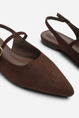 Estrella Pointed Toe Mary Jane Open Back Ballet Flats In Brown Suede