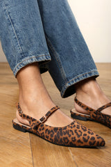 Estrella Pointed Toe Mary Jane Open Back Ballet Flats In Leopard Suede