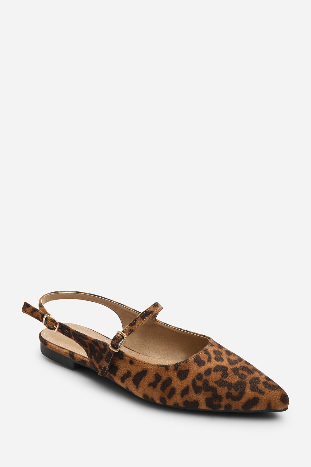 Estrella Pointed Toe Mary Jane Open Back Ballet Flats In Leopard Suede