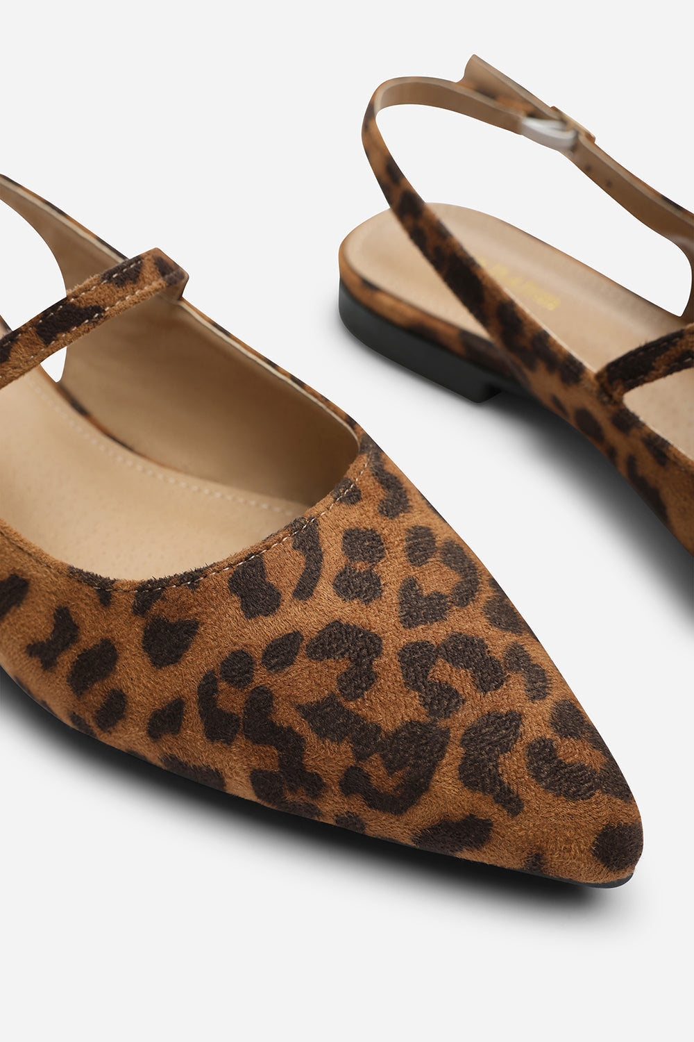 Estrella Pointed Toe Mary Jane Open Back Ballet Flats In Leopard Suede