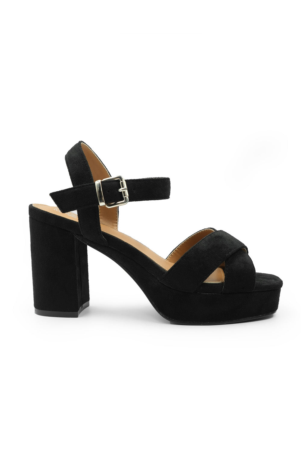 MARCIA WIDE FIT STATEMENT PLATFORM STRAPPY BLOCK HIGH HEELS SHOES IN BLACK SUEDE