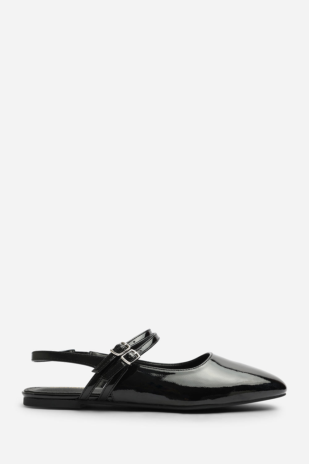 Alena Double Strap Backless Mary Jane Flats in Black Patent