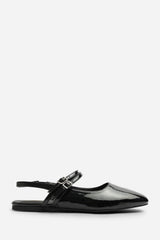 Alena Wide Fit Double Strap Backless Mary Jane Flats in Black Patent