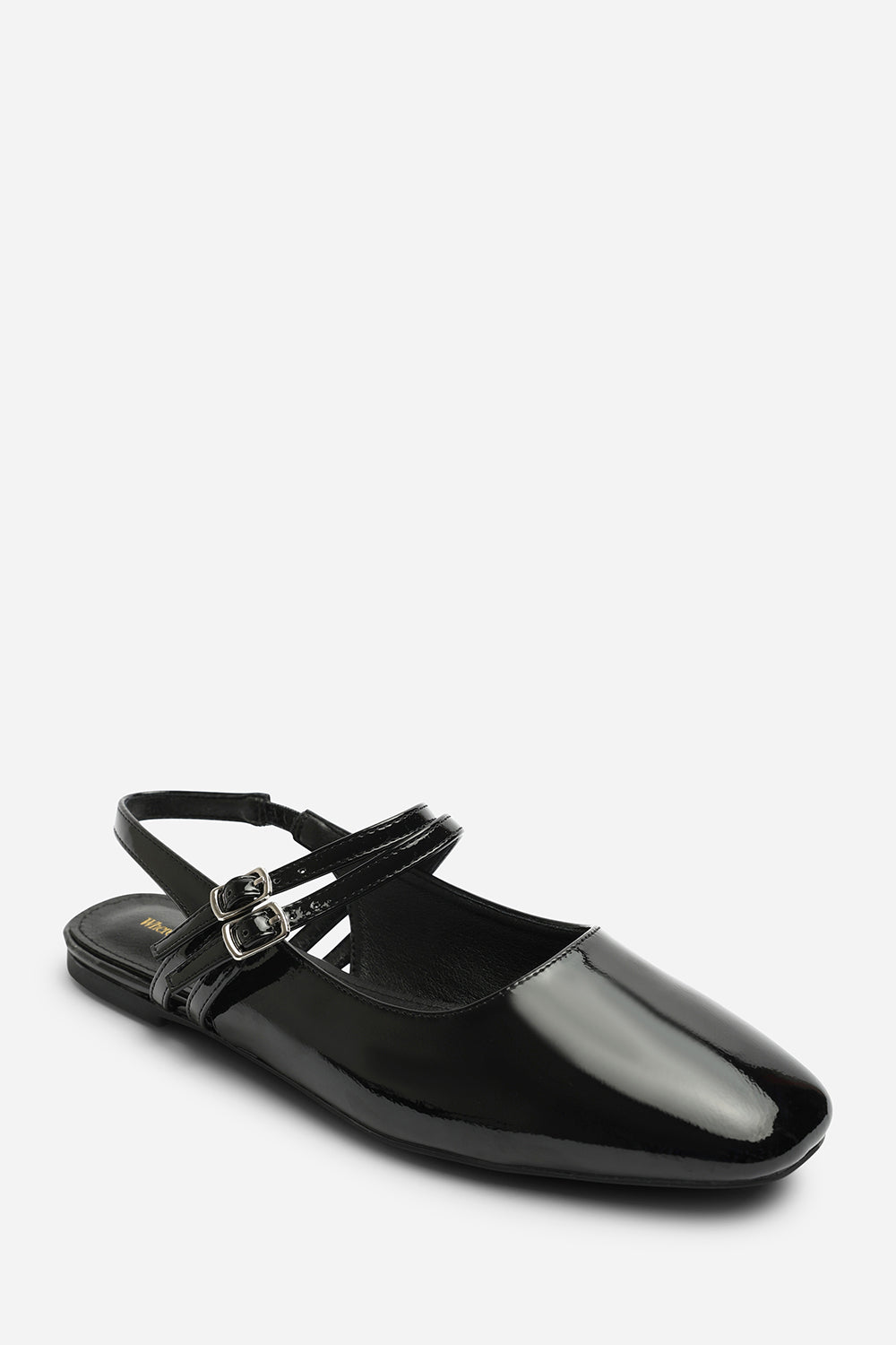 Alena Double Strap Backless Mary Jane Flats in Black Patent