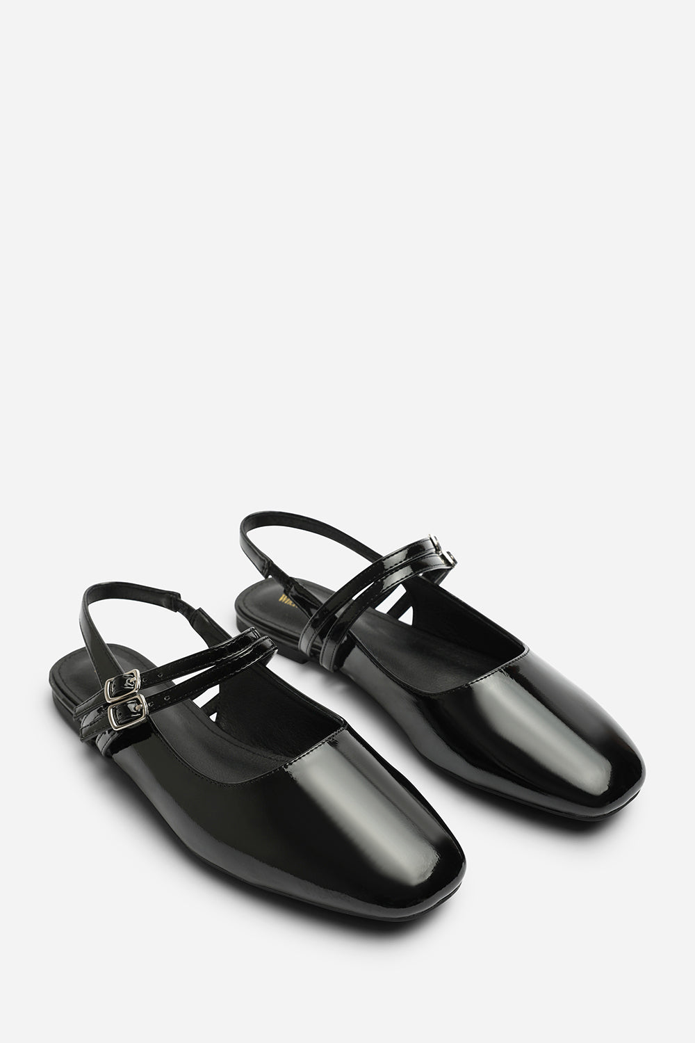 Alena Double Strap Backless Mary Jane Flats in Black Patent