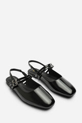 Alena Double Strap Backless Mary Jane Flats in Black Patent