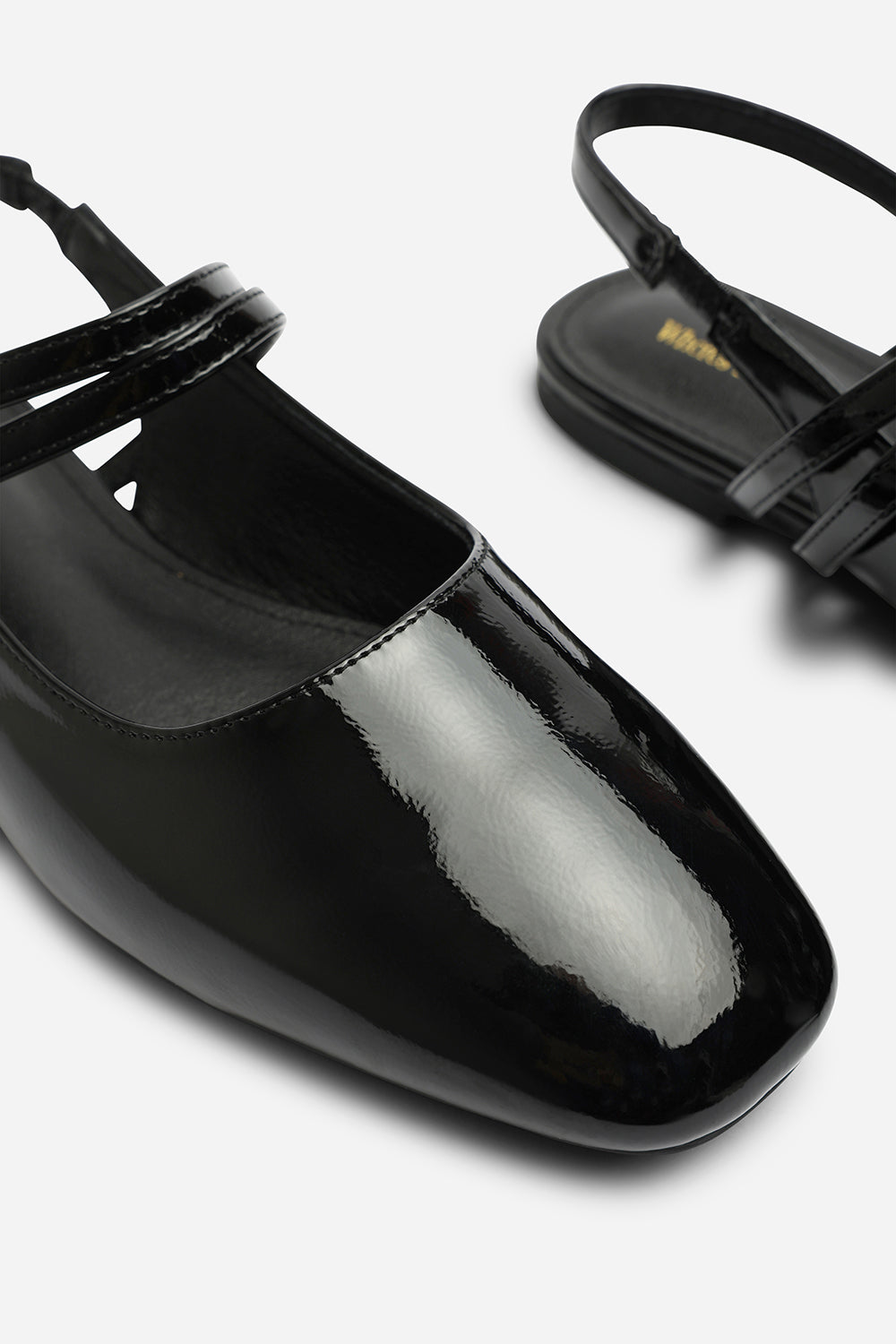 Alena Double Strap Backless Mary Jane Flats in Black Patent