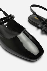 Alena Double Strap Backless Mary Jane Flats in Black Patent