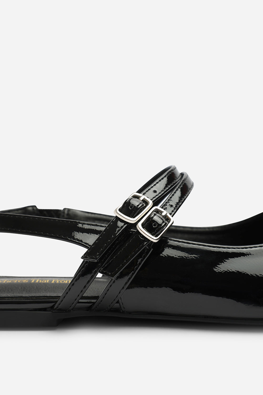 Alena Wide Fit Double Strap Backless Mary Jane Flats in Black Patent