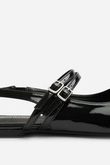 Alena Double Strap Backless Mary Jane Flats in Black Patent