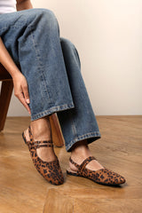 Alena Double Strap Backless Mary Jane Flats in Leopard Suede