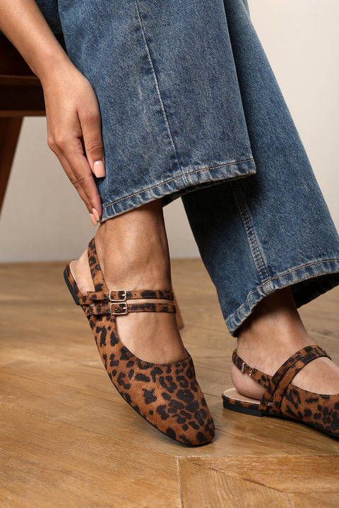 Alena Wide Fit Double Strap Backless Mary Jane Flats in Leopard Suede