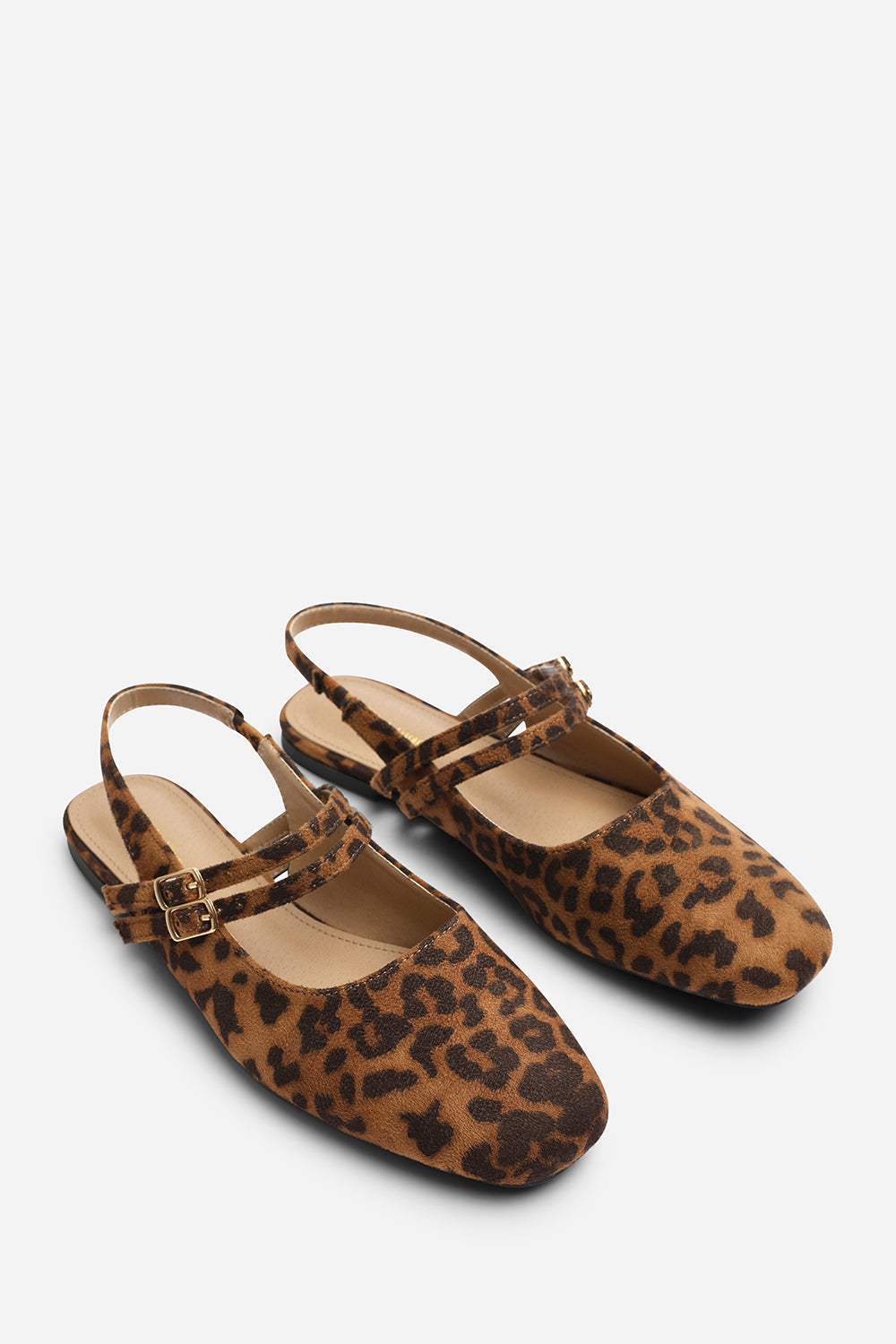 Alena Double Strap Backless Mary Jane Flats in Leopard Suede