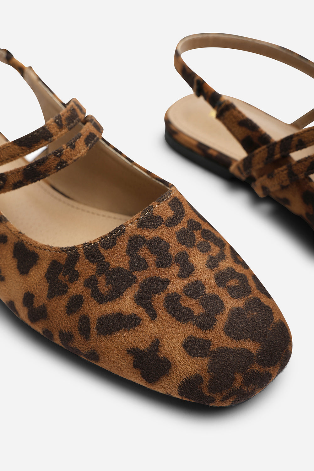 Alena Double Strap Backless Mary Jane Flats in Leopard Suede