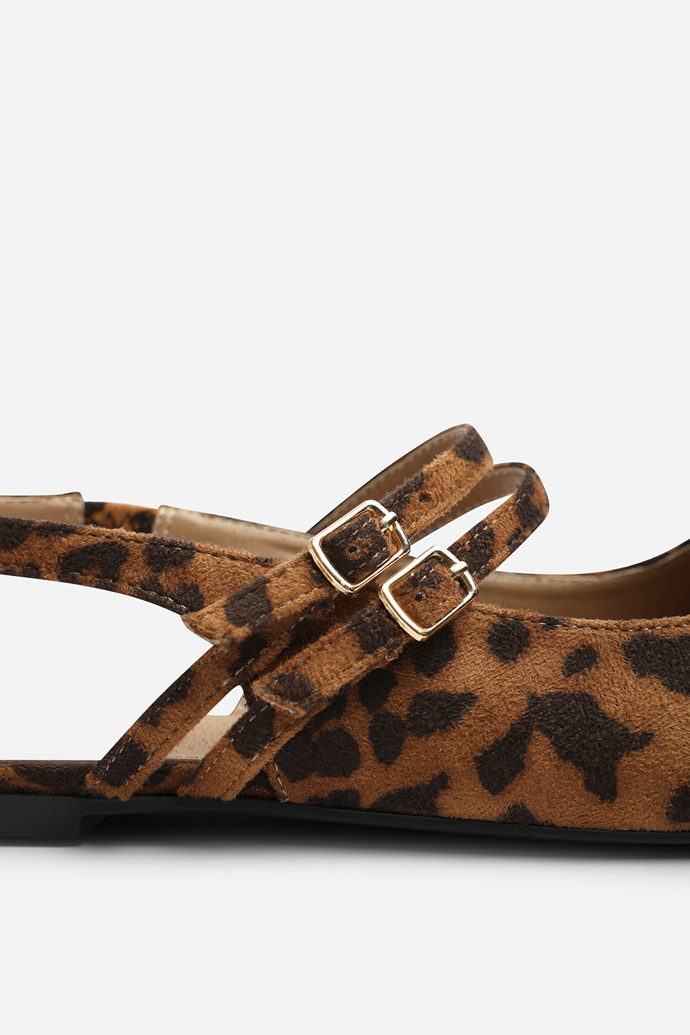 Alena Double Strap Backless Mary Jane Flats in Leopard Suede