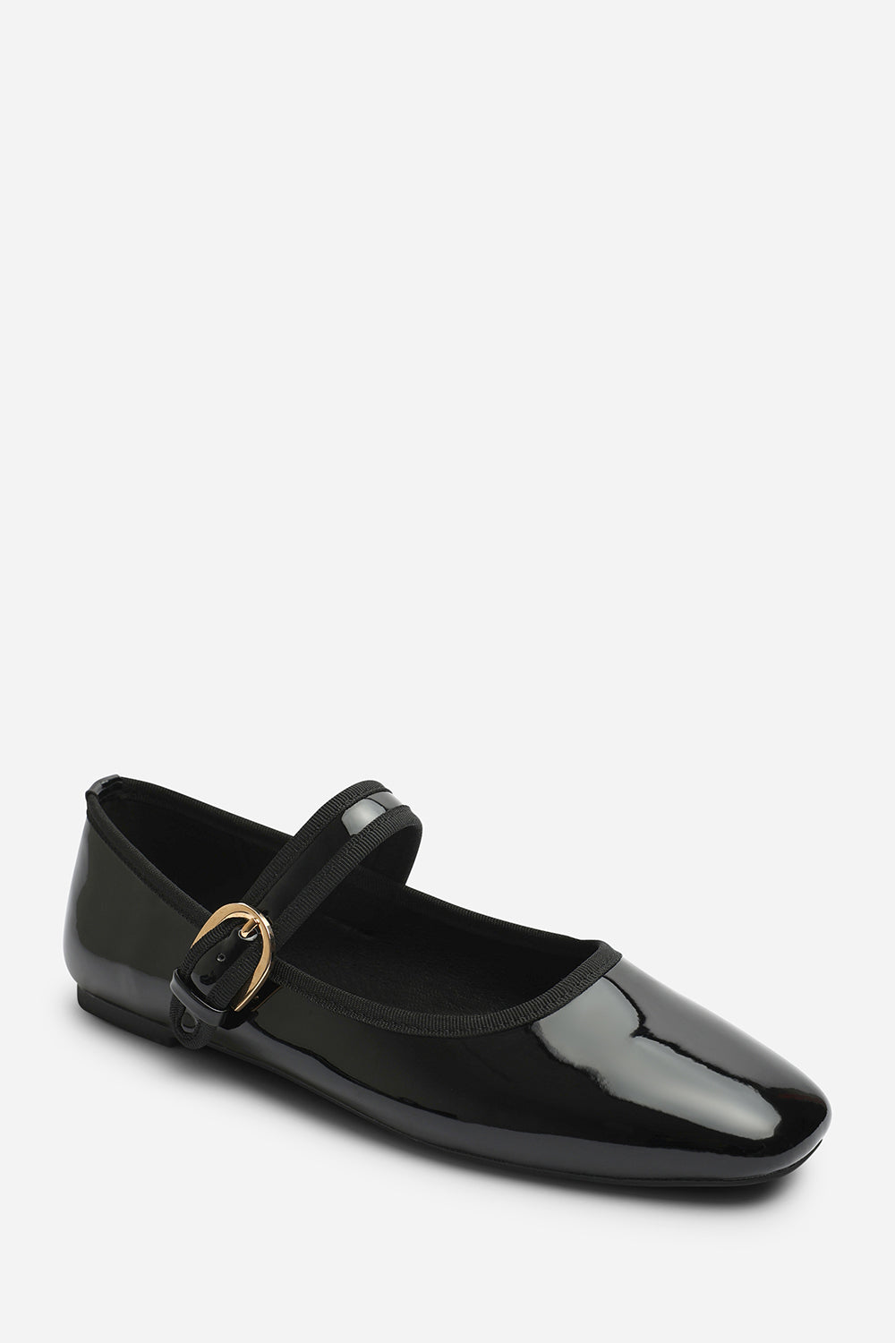 Karsyn Wide Fit Mary Jane Ballet Flats With Buckle Detail in Black Patent