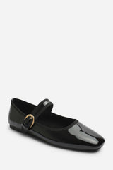 Karsyn Wide Fit Mary Jane Ballet Flats With Buckle Detail in Black Patent