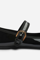 Karsyn Wide Fit Mary Jane Ballet Flats With Buckle Detail in Black Patent