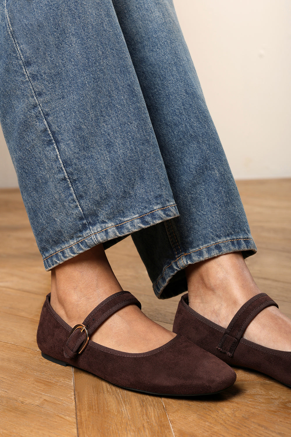 Karsyn Mary Jane Ballet Flats With Buckle Detail in Brown Suede